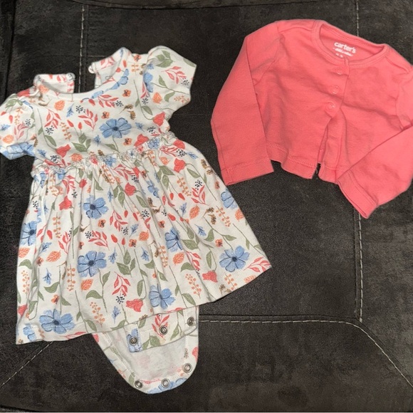Carters White Floral Dress with Pink Cardigan size 0-3M - Picture 3 of 5